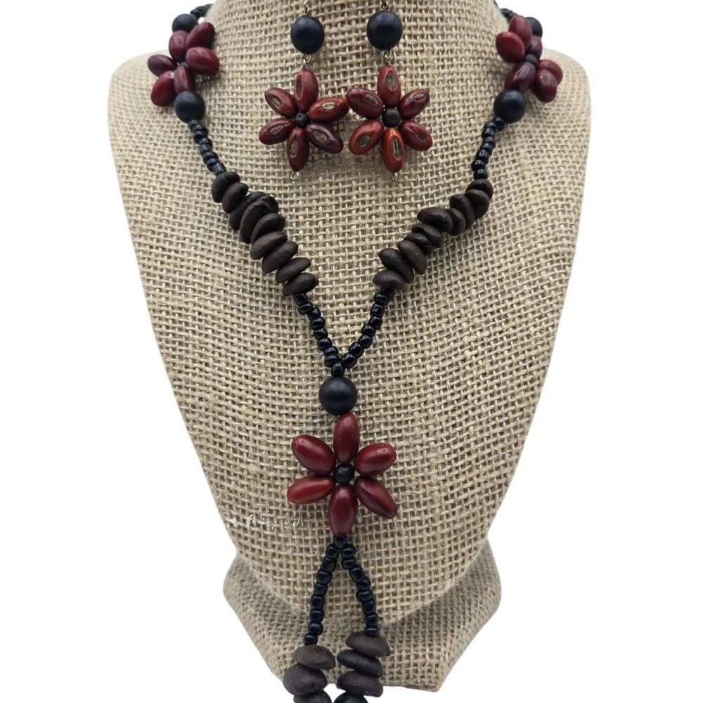 New Artisan Handmade Wooden Seeds Bead Flower Necklace Earrings Set